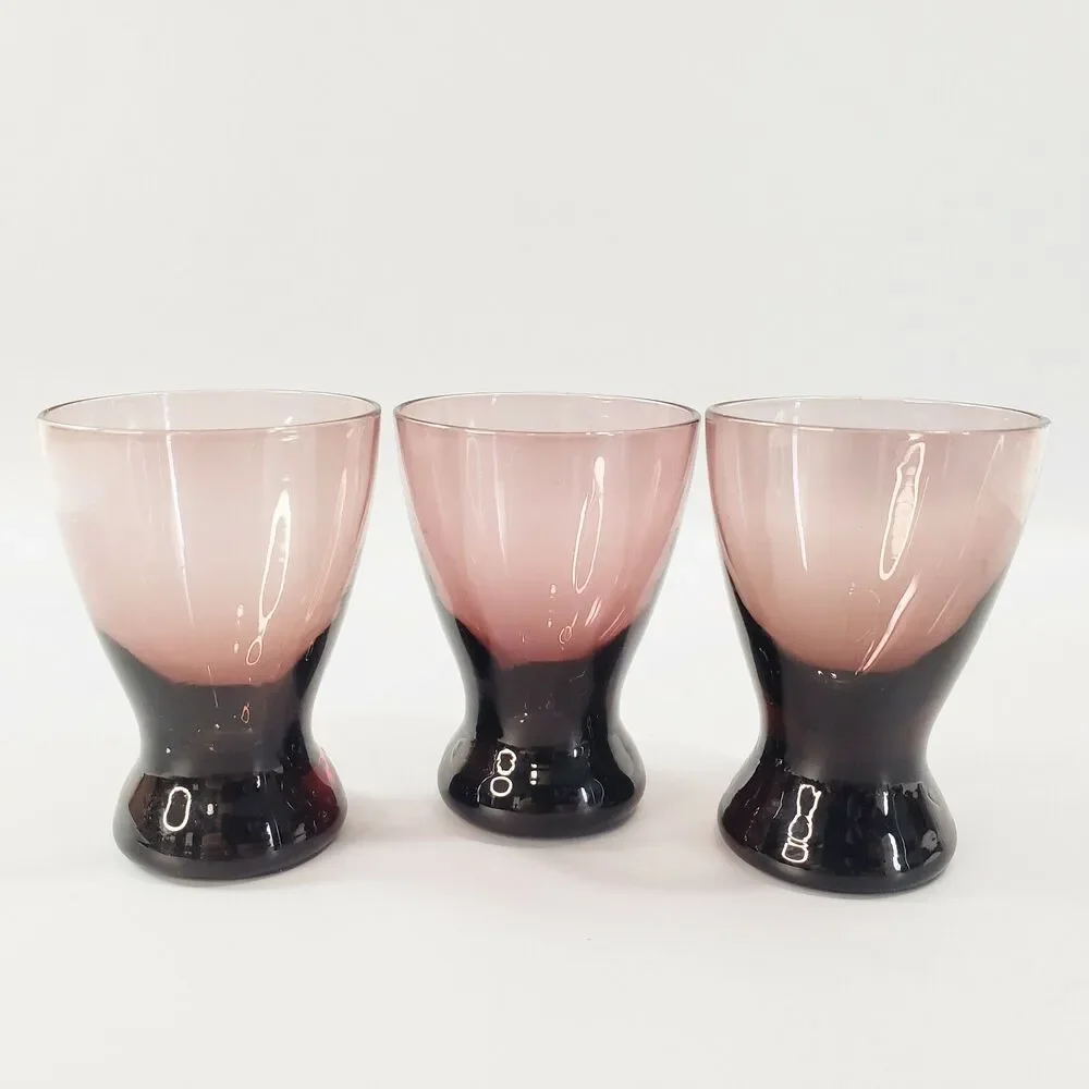 Vtg 3 Amethyst Shot Liquor Glasses Curvy Purple Barware Drinkware Lounge Italy